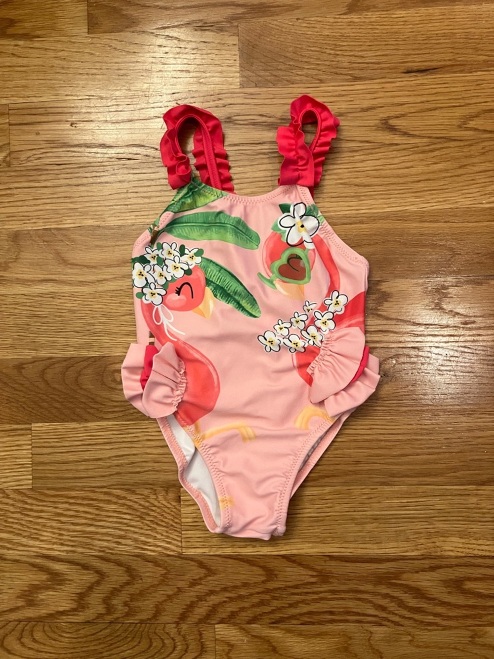Mayoral 12 month baby Pink Swimsuit with pink Ruffled Straps and Tropical Print